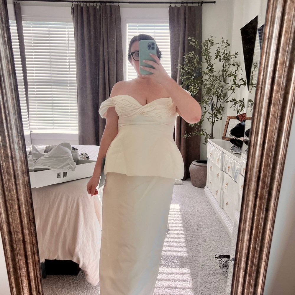 ASOS DESIGN ruched off shoulder structured midaxi wedding dress in ivory